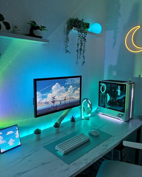 Mint Gaming Setup, Gaming Bedroom Ideas, Aqua Room, Gaming Computer Room, Kali Design, Vibey Room, Gaming Bedroom, Gamer Bedroom, Gamer Decor