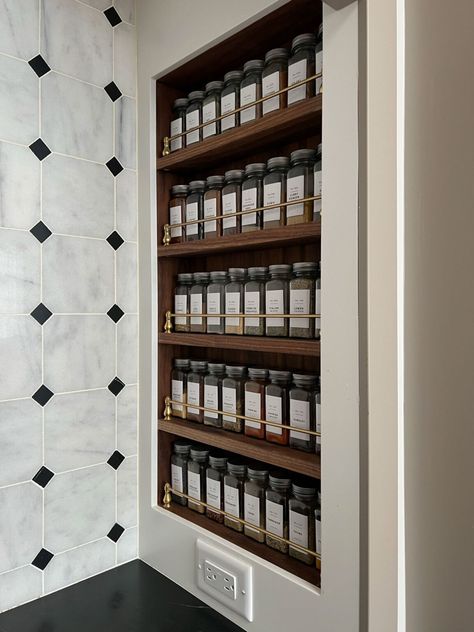 Spice Rack Built Into Wall, Floor To Ceiling Spice Rack, Spice Rack Next To Range, Inset Spice Rack, Built In Spice Rack In Pantry, Recessed Spice Cabinet, Spice Rack On Side Of Cabinet, Built In Spice Rack Wall, Spice Rack Storage Ideas