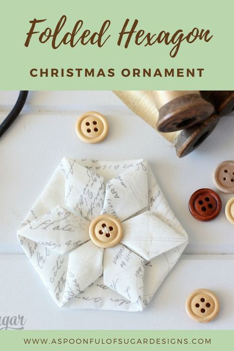 Fabric Tree Decorations, Quilted No Sew Christmas Ornaments, Hexagon Fabric Projects, Fabric Christmas Angels Diy, Origami Fabric Ornaments, Quick Fabric Gifts To Make, How To Make Fabric Christmas Ornaments, Fabric Origami Christmas Ornaments, Christmas Card Ornaments Diy