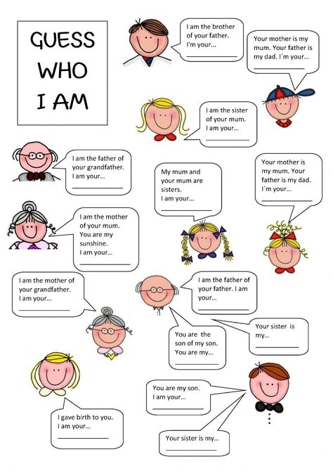 Ejercicio de Family members - guess who I am Who I Am Worksheet, I Am Worksheet, Family Worksheet, English Teaching Materials, English Activities For Kids, English Exercises, Teacher Material, English Games, English Worksheets For Kids