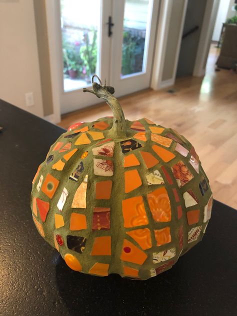 Fall pumpkin, built on a craft store styrofoam  form Styrofoam Pumpkin Crafts, Stained Glass Pumpkin, Fall Party Themes, Spooky Szn, Mosaic Artwork, Stained Glass Crafts, Halloween Diy Crafts, Pumpkin Crafts, Fall Party