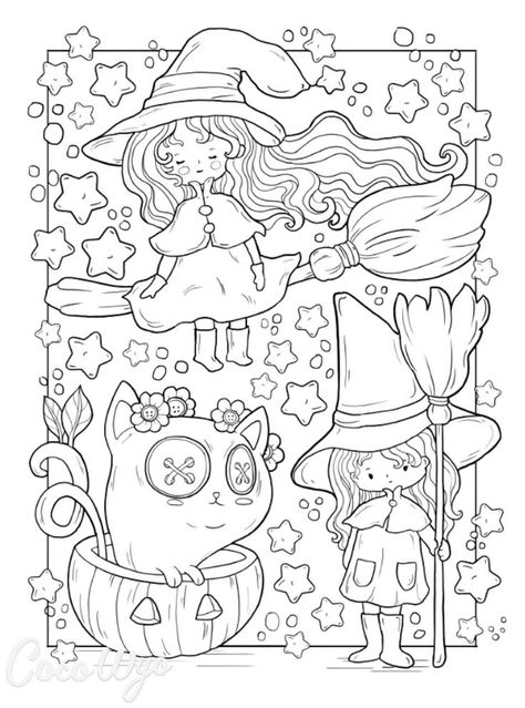 Cute Witch Coloring Pages, Cute Witch Drawing, Coco Wyo Coloring Pages, Witchy Coloring Pages, Modele Zentangle, Cute Halloween Coloring Pages, Free Halloween Coloring Pages, Witch Coloring Pages, Witch Stuff