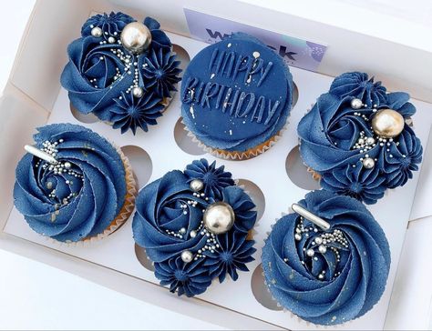 Navy Blue And White Cupcakes, Blue And Silver Cupcake Ideas, Blue Birthday Cupcakes For Women, 21st Cupcakes For Guys, Blue Gold Cupcakes, Mens Cupcakes Birthday, Navy Blue Treats, Mens Birthday Cupcakes Ideas, Blue Cupcakes For Men