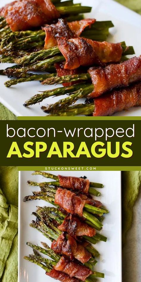 An easy vegetable side dish featuring asparagus wrapped in bacon! Sprinkled with brown sugar then roasted to perfection, this simple bacon wrapped asparagus is sure to be a hit. You can even serve this delicious veggie recipe as an easy appetizer for a party! Baked Bacon Wrapped Asparagus, Asparagus Appetizers Easy, Bacon Asparagus Recipes, Asparagus And Bacon Recipes, Bacon Wrapped Asparagus In Oven, Bacon Wrapped Asparagus Appetizer, Bacon Wrapped Asparagus On The Grill, Bacon Wrap Asparagus, Smoked Bacon Wrapped Asparagus