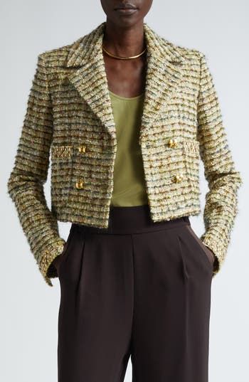 Italian tweed lit with metallic shimmer adds rich texture and depth to this boxy cropped jacket detailed with gleaming hardware and jewelry-inspired buttons. Double-breasted button closure Notched lapels One-button cuffs Front patch pockets Stretch lining 25% nylon, 24% wool, 22% cotton, 14% polyester, 13% acrylic, 2% silk Dry clean Imported Designer Clothing Petite Fashion, Double Breasted, Chanel Jacket, Cropped Jacket, Cardigan Jacket, Crop Jacket, Tweed Jacket, St John, Winter Coat