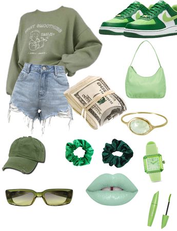 Sporty Green Outfits, Green Summer Aesthetic Outfits, Cute Green Outfits Casual, Green Asthetics Outfit, Cute Dark Green Outfits, Light Green Outfit Ideas, Green Theme Outfit, Green Tomboy Outfits, Green Aesthetic Outfit Girl