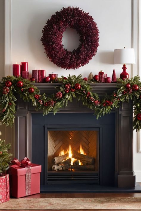 Christmas Decor Ideas Fireplace With Tv, Maroon And Gold Christmas Decor, Classic Christmas Mantle Decor, Fireplace Christmas Decorations Ideas, Traditional Christmas Mantle Decor Ideas, Holiday Mantel Decorating Ideas, Fireplace Christmas Decorations, Christmas Mantle Ideas, Christmas Decor Fireplace