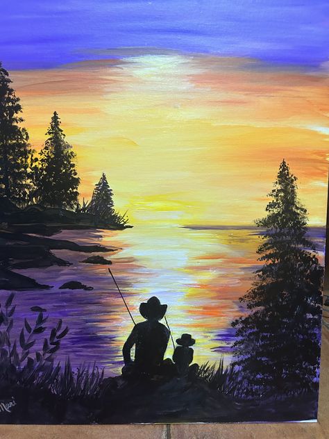 Fishing Painting Ideas, Fishing Paintings Easy, Painting Acrylic Ideas, Fly Fishing Art Painting, Father And Son Fishing Painting, Fishing Painting, Fly Fishing Acrylic Painting, Pond Painting, Acrylic Painting Diy