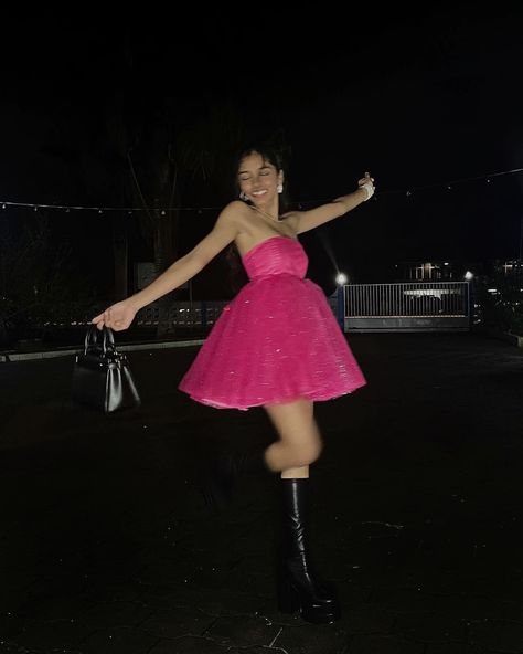 a brown girl being happy at night in a pink sparkly dres spade bag and black  high boots Pink Sparkly Dress Aesthetic, Pink Dress With Boots, Sparkly Dress Aesthetic, Glitz And Glam Outfit, Pink Tube Dress, Pink Sparkly Dress, Sparkly Fashion, Barbie Vibes, Sparkly Outfits