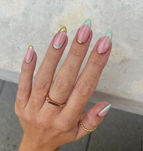 #gold#nails#isporation#idea#2022 Mint Green Nail Designs, Green Nail Design, Vibrant Nail Colors, Mint Green Nails, Mint Nails, Sweet Nails, Navy Blue Nails, Watermelon Nails, Green Nail Designs