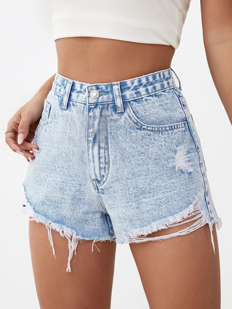 SHEIN Ripped Raw Hem Denim Shorts | SHEIN USA Shein Jean Shorts, Rome Outfits, Halloween Costume Suit, Women Denim Shorts, Clothing Finds, Shein Shorts, Casual Denim Shorts, Ripped Jean Shorts, Summer Swag