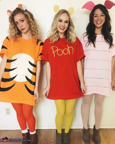 Charlotte: My roommates (Monica and Morgan) and I have always wanted to be Pooh Bear, Piglet and Tigger but we didn't know how to turn these cartoon characters into real life... Winnie The Pooh Costumes, Tigger Halloween, Piglet Costume, Best Friend Costumes, Halloween Mode, Friend Costumes, Cute Group Halloween Costumes, Bff Halloween Costumes, Halloween Coustumes