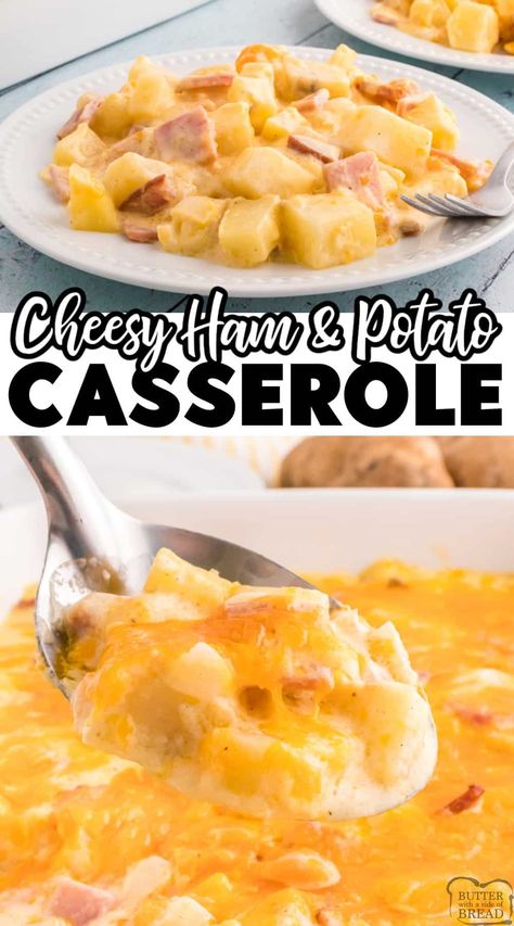 CHEESY HAM AND POTATO CASSEROLE - Butter with a Side of Bread Cheesy Ham And Potato Casserole, Ham And Potato Recipes, Cheese Casserole Recipes, Cheese Potato Casserole, Creamy Cheesy Potatoes, Ham And Cheese Casserole, Ham Casserole Recipes, Scalloped Potatoes Crockpot, Cream Of Onion Soup