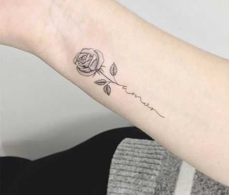 Flower Stem With Name Tattoo, Rose Tattoo Word Stem, Word Rose Tattoo, Name Stem Flower Tattoo, Rose Stem Tattoo Words, Rose With Cursive Stem Tattoo, Rose Word Tattoo, Rose With Name Stem Tattoo, Rose Name Stem Tattoo