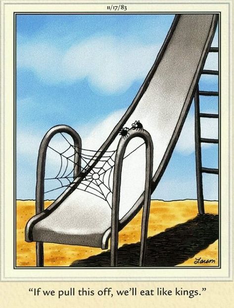 Spider web on slide Best Calvin And Hobbes, Time Travel Stories, Gary Larson Cartoons, Far Side Cartoons, Calvin And Hobbes Comics, Far Side Comics, Gary Larson, Funny Cartoon Pictures, Far Side