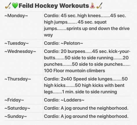 How to stay fit, and ways to train your body each day to train for field hockey games and practices! 🤩💚🏑🧘🏼‍♀️💪🏻✌🏻 Field Hockey Workouts At Home, Field Hockey Workouts Fitness, Hockey Practice Outfit, Field Hockey Workouts Training, How To Get Better At Field Hockey, How To Play Hockey, Field Hockey Drills Training, Field Hockey Bag Essentials, Field Hockey Conditioning Workouts