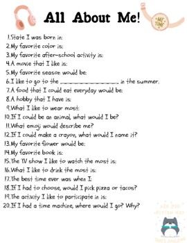 There will be 20 basic questions included for a student to complete and share with others. This will be a great way to get to know the student and his/her peers. Guess My Favorite Questions Instagram, 100 Questions To Ask Your Girlfriend, Basic Questions To Ask Someone, Whats Your Favorite Questions To Ask, Basic Get To Know You Questions, Questions To Ask Your Friends About You, What Is Your Favorite Questions List, Getting To Know You Questions For Work, Questionnaire For Friends