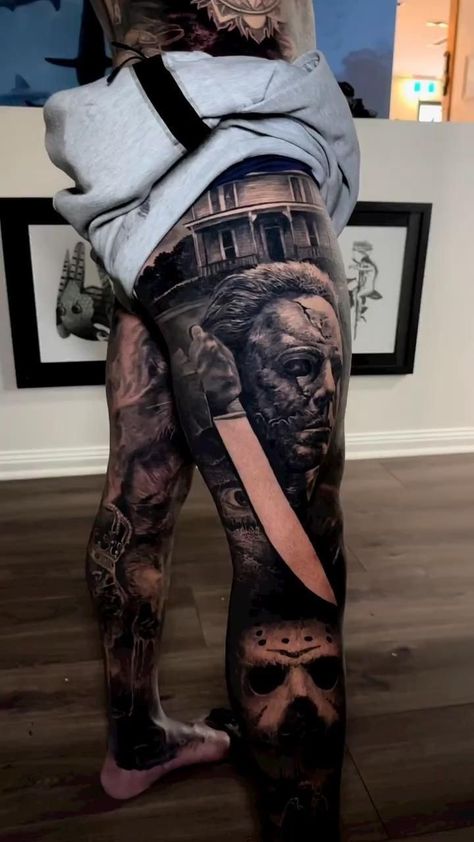 Black And Gray Tattoo, Gray Tattoo, Horror Movie Tattoos, Wolf Tattoo Sleeve, Full Leg Tattoos, Skull Sleeve Tattoos, Skull Sleeve, Movie Tattoo, Movie Tattoos