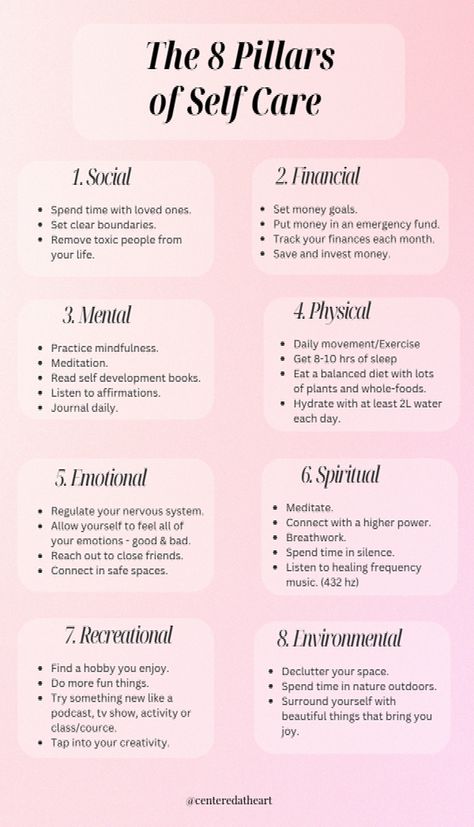 Self care ideas for all areas of life. Explore self-care ideas for women with a holistic guide to nurture your mind, body, and soul. Daily self care habits to take care of your mind, body, soul, emotions, finances, and relationships. Discover things you can do to feel empowered, inspired, and taken care of with this self care checklist. #mentalwellness #holistic...#and #Soul #HealthyLiving #Ideas #SelfCare #FitnessTips #SelfCare #Your #NutritionTips #FitLife #Body #HealthTips #Nurturing #Mind Self Care Checklist Ideas, Self Care Checklist For Women, Best Self Care Routine, Free Self Care Ideas, Pillars Of Self Care, Self Care Wheel, Types Of Self Care, Daily Self Care Checklist, Self Care Plan