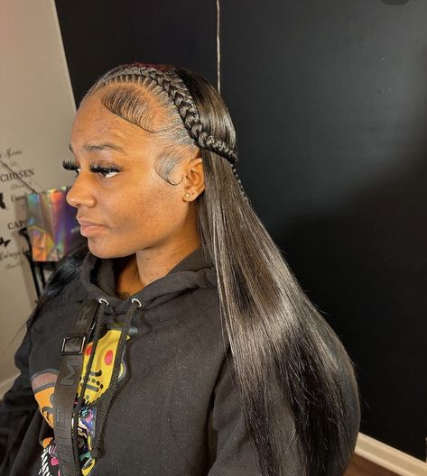 2 Braids Quickweave, Straight Hair With 2 Braids, Two Braids Quickweave, Quick Weave Straight, 2 Braids With Weave In The Back, Quickweave Hairstyles, Bundles Hairstyles, 2 Braids With Weave, 16 Hairstyles