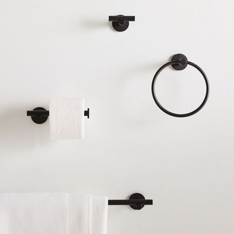 Modern Overhang Bath Hardware – Dark Bronze | West Elm Modern Overhang, Black Bathroom Hardware, Black West, California Contemporary, Matte Black Bathroom, Stylish Curtains, Hanger Design, White Shower Curtain, Oval Wall Mirror