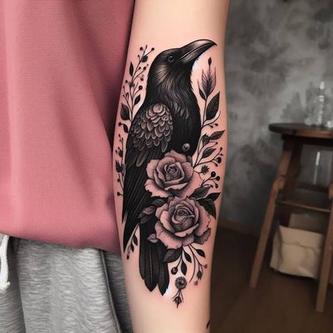 Raven Or Crow Tattoo, Witch Raven Tattoo, Goth Raven Tattoo, Raven Witch Tattoo, Raven Thigh Tattoo Women, Raven Flower Tattoo, Crow With Flowers Tattoo, Raven With Flowers Tattoo, Black And White Cover Up Tattoo