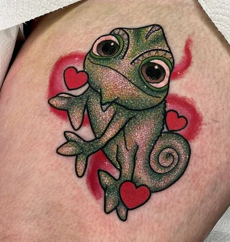 Cute Chameleon Tattoo, Amanda Graves Tattoo, Amanda Graves Glitter Tattoo, Sparkly Tattoo Ideas, Pascal Tattoo, Chameleon Tattoo, Lake Tattoo, Writing Fantasy, Mickey Mouse Art