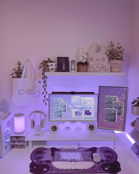 ♎️💟 𝔽𝕣𝕚𝕕𝕒𝕪 💟♎️ Happy Friday friends! I’m so excited for the weekend. I bought a few games from the Steam Summer Sale that I can’t wait… | Instagram Lilac Desk Setup, Cute Dual Monitor Setup, Purple Pc Setup Aesthetic, Light Purple Gaming Setup, Purple Set Up, Lavender Gaming Setup, Purple Desk Aesthetic, Purple Gamer Setup, Purple Desk Setup