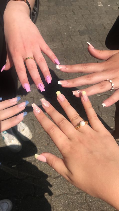 Yellow French Manicure, French Manicure Blue, Nail Inspo Nail Art, Yellow French, French Pink, New Nails, Blue French, Unique Acrylic Nails, Friend Group