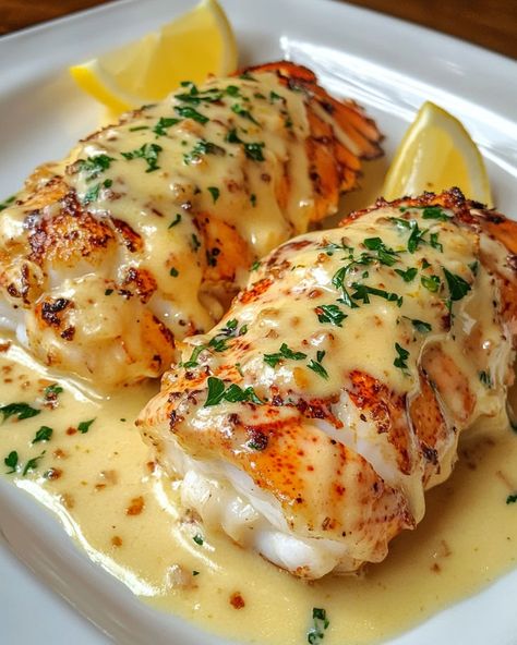 How To Make Cod Taste Like Lobster, Lobster Gratinee Recipe, Unicorn Fish Recipe, Lemon Garlic Lobster Tail Recipe, Large Lobster Tail Recipe, Creamy Garlic Lobster Tails, Yacht Chef Recipes, Seafood Night Ideas, Lobster Tail Dishes