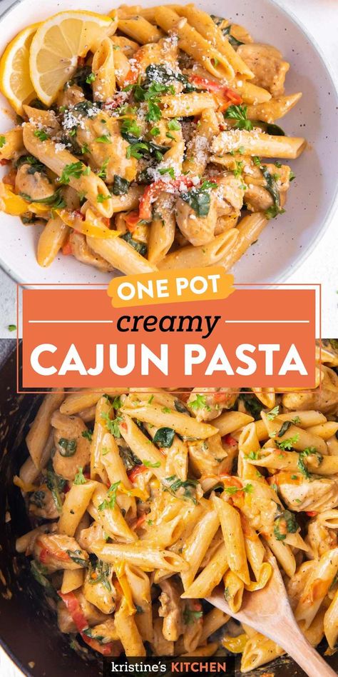 This Cajun Chicken Pasta is creamy, spicy, and all around delicious! It's an easy one pot meal that's perfect for a weeknight. One of our favorite chicken pasta recipes! One Pot Cajun Pasta, Easy Cajun Chicken Pasta, Healthy Chicken Sandwich Recipes, Spicy Chicken Pasta, Creamy Cajun Pasta, Grilled Chicken Pasta, Cajun Chicken Pasta Recipes, Chicken Pasta Recipes Healthy, Cajun Pasta