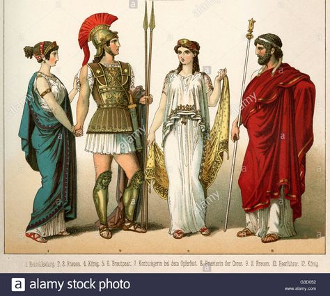 Download this stock image: Ancient Greece costume, wearing chiton, warrior with armour and helmet, white peplum tunic and himation robe. Date: circa 500 BC - G3D052 from Alamy's library of millions of high resolution stock photos, illustrations and vectors. Ancient Greece Costume, Greek Clothing Ancient, Ancient Greece Clothing, Roman Costumes, Ancient Greece Fashion, Greece Costume, Ancient Greek Costumes, Ancient Greek Clothing, Roman Clothes