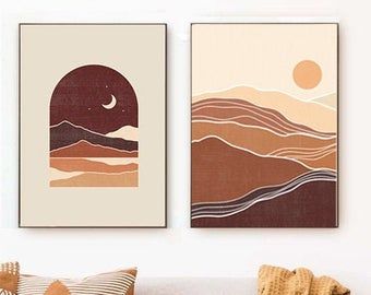 Mid century modern art printable wall art / Boho by WOWprintdesign Helios Art, Ninetales Pokemon, Flat Landscape, Sun And Moon Print, Student Room, Minimal Painting, Boho Prints, Boho Painting, Mid Century Modern Wall Art