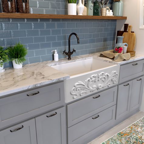 Upgrade your kitchen with this elegant fireclay sink, designed to add a touch of sophistication and practicality. The rectangular shape offers ample space for all your dishwashing needs, while its scratch, stain, rust, heat, and fade-resistant properties ensure it stays fresh for years to come. With a single basin and no faucet holes, you have the freedom to choose the perfect faucet to complement your kitchen décor. Keep in mind, that accessories are not included, but this sink is compatible wi Undermount Kitchen Sinks Farmhouse, Kitchen Sink With No Window, Farmhouse Kitchen Sink Ideas, Farm Sink Kitchen, Small Farmhouse Sink, Blue Country Kitchen, Farm Style Sink, Porcelain Kitchen Sink, Kitchen Sink Ideas