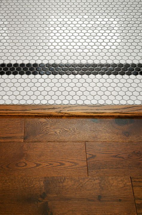 11 Must See Tips for Professional Looking Tile Floors - Pretty Handy Girl White Penny Tile Dark Grout, Vintage Kitchen Floor Tile, Vintage Tile Floor Entryway, Penny Tile Floor Pattern, Hex Floor Tile Bathroom, Penny Tile Entryway, Penny Tile Words, Hexagon Tile Kitchen Floor, Vintage Tile Floor