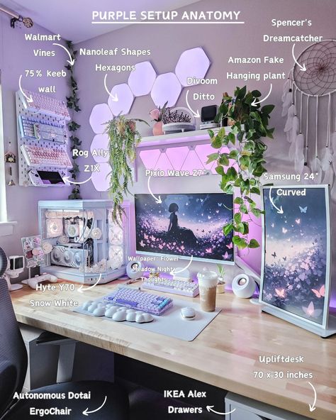 Pretty in purple 🎐 I think I need to find me a white or lilac gaming chair 🤔 any recommendations? 🪻 desk setup | room | setup style | minimalist | pc setup | gamer girl | brown desk | purple #cozysetup #fyp #cutesetup #deskspace #deskaesthetic #deskinspo #desksetups #deskgoals #workdesk #deskgram #deskview #gamingsetup #setupinspiration #pcsetup #dreamsetup #setupgoals #cozygaming #purple #aesthetic #hytey70 Gaming Room Purple Aesthetic, Purple Game Room Aesthetic, Feminine Pc Setup, Pretty Chairs For Desk, Gamer Desk Setup Aesthetic, Art Tablet Desk Setup, Lilac Desk Setup, Small Gaming Pc Setup, Gaming Setup Dark Aesthetic