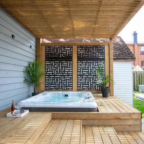 As the nights start to cool down, who else wishes they had a space like this?! 😍 We built this hot tub space last year with stunning… | Instagram Pergola Patio Hot Tub Ideas, Outdoor Kitchen With Hot Tub, Covered Porch Hot Tub Deck Design, Deck And Hot Tub Ideas, Small Yard With Hot Tub, Covered Hot Tub Ideas Backyard, Back Deck With Hot Tub, Hot Tub Against House, Above Ground Jacuzzi Ideas