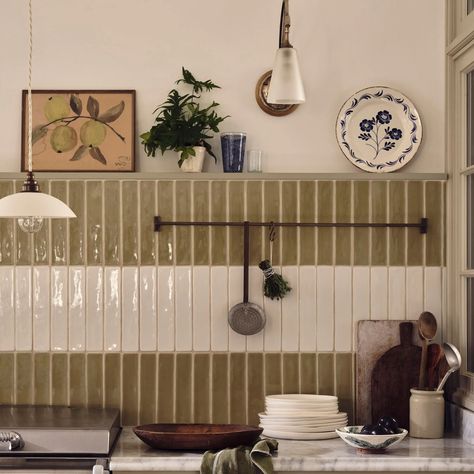 Striped Tiles | Stories | Fired Earth Mid Century Style Wallpaper, Tile Border Kitchen, Dark House Exterior, Fired Earth Tiles, 1970s Kitchen, White Exterior Houses, Striped Tile, Coral Walls, Living Tv