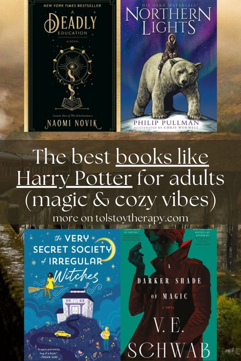 books like harry potter – a deadly education, northern lights, the very secret society of irregular witches, and a darker side of magic Books Like Harry Potter For Adults, Best Trilogy Books, Books To Read If You Like Harry Potter, Cozy Fantasy Books, Harry Potter Books Aesthetic, Books Like Harry Potter, You're A Wizard Harry, Harry Potter Vibes, Wizarding Schools