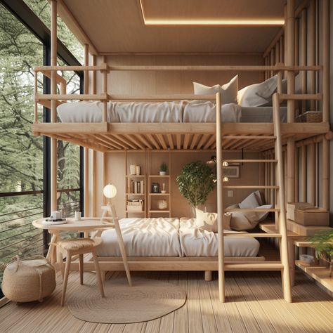 Bunk Bed Minimalist Room, Scandinavian Bedroom Bunk Bed, Loft Bed Furniture, Bunk Beds With Windows, Small Bedroom Bunk Bed Ideas, Boys Bunk Room, Bunk Beds Ideas, Boys Room Bunk Beds, Bunk Bed Bedroom