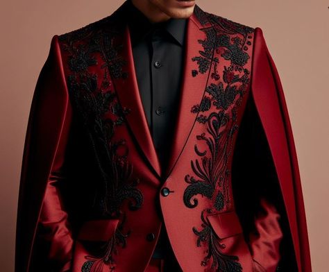 made by AI Red Wedding Outfits For Men, Mens Formal Suit Ideas, Mens Ballroom Suit, Opera Outfit Men, Black And Red Suit For Men, Royal Men Outfit, Red Suit Men, Red And Black Suit, Red Tux