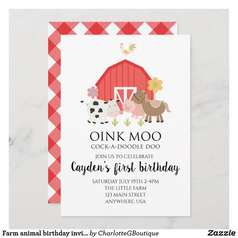 Farm animal birthday invitation with red plaid Farm Birthday Party Invitations, Girls Farm Birthday, Farm Invitation, Farm Birthday Invitation, Farm Theme Birthday, Animal Birthday Invitation, Farm Themed Birthday Party, Farm Animal Birthday, Barnyard Birthday