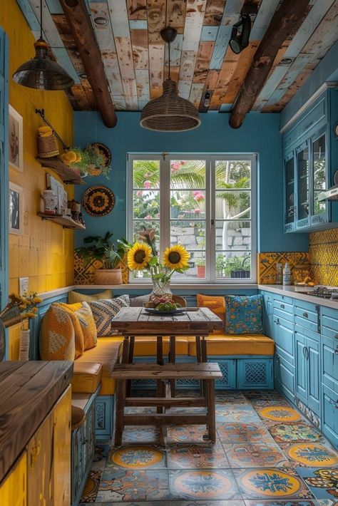 29 Vibrant Blue and Yellow Boho Decor Ideas for a Cheerful Home 4 Earthy Kitchen, Boho Kitchen Ideas, Kitchen Cabinet Color Ideas, Kitchen Wall Colors, Kitchen Decor Apartment, Kitschy Kitchen, Eclectic Kitchen, Timeless Kitchen, Yellow Kitchen