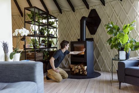 Photos from Construction Diary: A Young Couple DIY a Lofted Yurt in Portland - Dwell Modern Yurt Interior, Yurt Fireplace, Yurt Interior Design, Diy Yurt, Modern Yurt, Yurt Design, Building A Yurt, Yurt Interior, Yurt Living