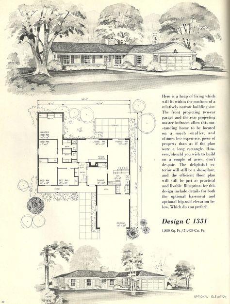 1960s Homes, Vintage House Plans 1960s, Efficient Floor Plans, 3 Room House Plan, House Plans Vintage, Vintage Floor Plans, Old House Plans, Mid Century Houses, 1960s House