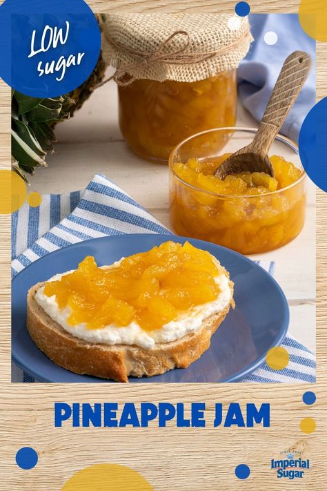 Pineapples are naturally sweet, which means you can easily make Pineapple Jam without adding a lot of sugar. Chef Eddy's Pineapple Jam only requires 3/4 cup of sugar and you don't even have to add pectin. Technically we probably should name this recipe Pineapple Fruit Spread due to its reduced sugar amount. For more jam and jelly recipes and ideas visit ImperialSugar.com and pin your favorites! Made this recipe? Show us! #imperialsugar #lowsugarrecipes