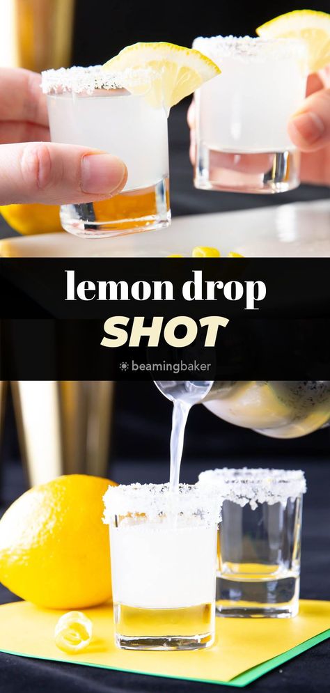 Tasting like lemon drop candy, the vodka-based Lemon Drop Shot is a recipe that includes lemon sugar, lemon juice, and simple syrup that's perfect for partying! Sweet, tart, and refreshing. | Recipe at BeamingBaker.com Lemon Drop Candy, Penicillin Cocktail, Birthday Cake Shots, Lemon Drop Shots, Blueberry Simple Syrup, Fun Drink Recipe, Cake Shots, Summertime Recipes, Make Simple Syrup