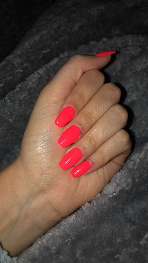 Coral Nails Neon, Neon Nails Plain, Neon Salmon Nails, Coral Pink Acrylic Nails, Neon Coral Pink Nails, Neon Coral Nails Acrylic, Bright Coral Red Nails, Coral Nails Coffin, Coral Nail Colors