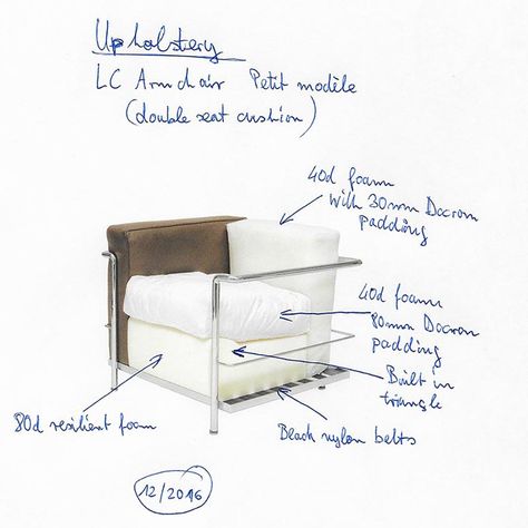 Learn how Le Corbusier's LC2 armchair was built! This is the design construction of it, featuring different types of padding and foam. Notice the slight angle of the seat. #furnituredesign #industrialdesign Le Corbusier Chair, Corbusier Chair, Interior Design Tips, Living Design, Sofa Chair, Art Show, Chair Design, Industrial Design, Different Types