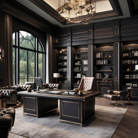 Modern Mansion Interior, Dark Office, Fancy Office, Nightclub Aesthetic, Office Wallpaper, Office Setting, Luxury Office, Modern Mansion, Mansion Interior